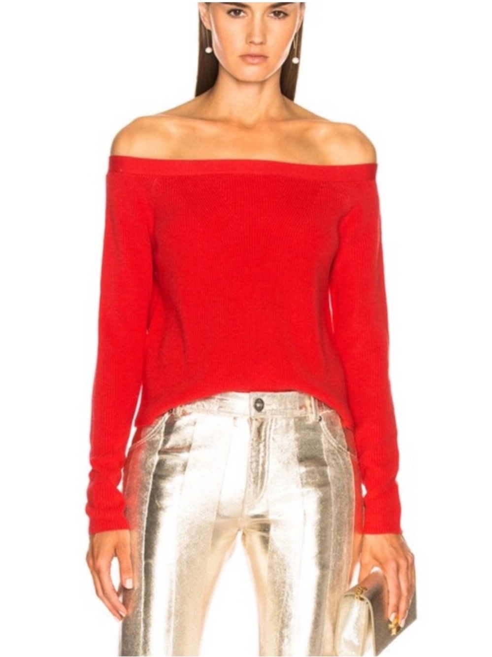 FRAME Off the Shoulder Ribbed Merino Wool Blend Knit Sweater Red Size XS